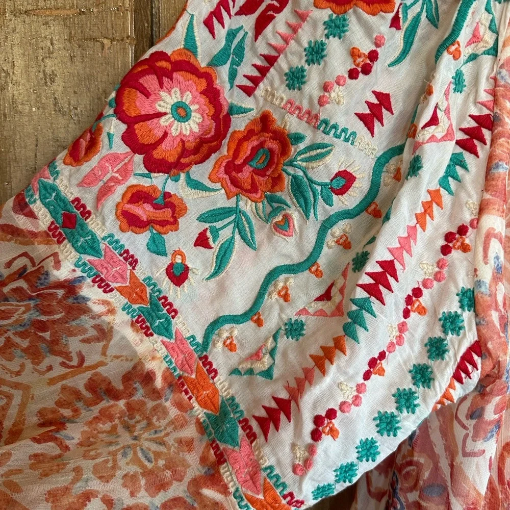 Tolani Pink, Peach & Orange Flowy Blouse with puff 3/4 Sleeves - Picture 3 of 7